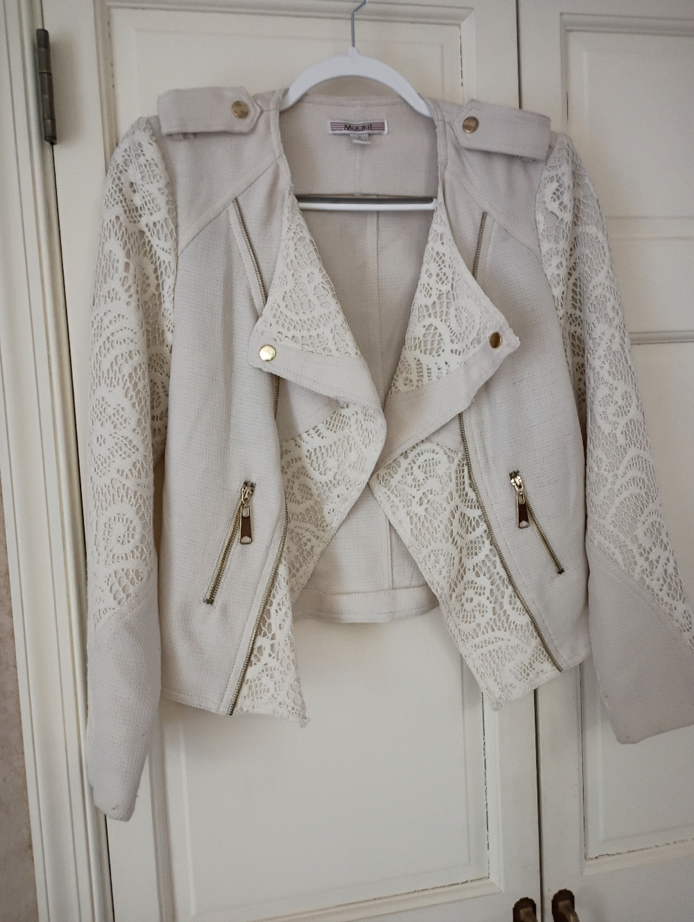Cream Lace Sleeve Moto Jacket - Women's Lightweight - Picture 3 of 6